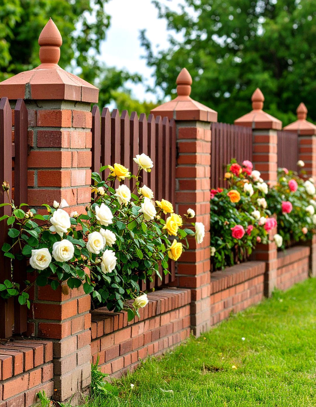 Cottage Style Brick Fence with Climbing Roses - 20 Front Yard Brick Fence Ideas