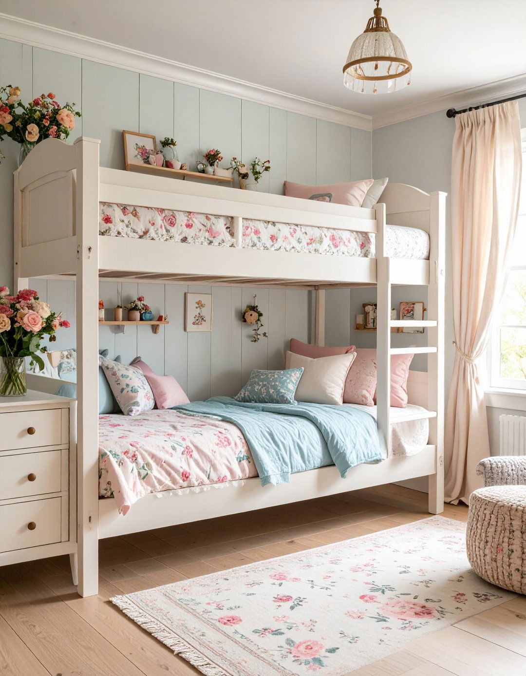 Cottage Style Bunk Room with Feminine Florals and Pastels - 20 bunk room ideas