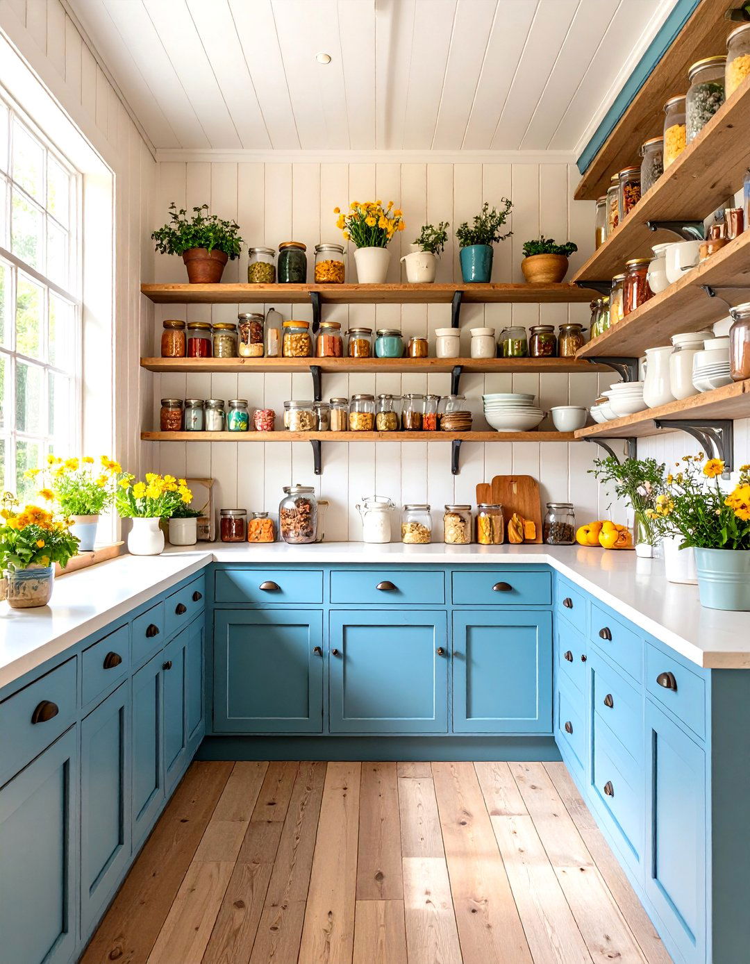 Cottage Style Kitchen Pantry with Open Shelving Display - 20 Kitchen Pantry Ideas