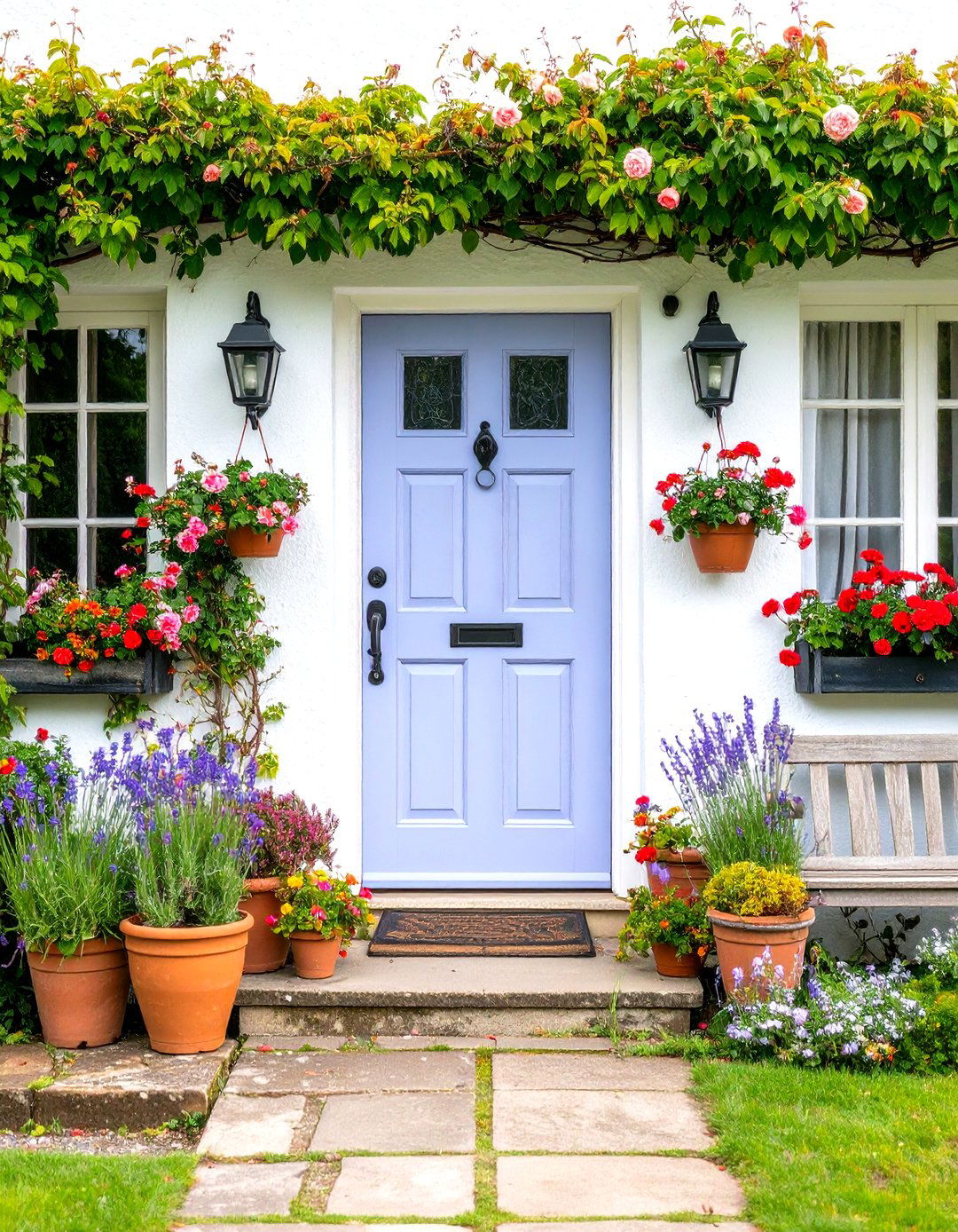 Cottage Style Lavender Front Door with Climbing Vines - 20 Lavender Front Door Ideas