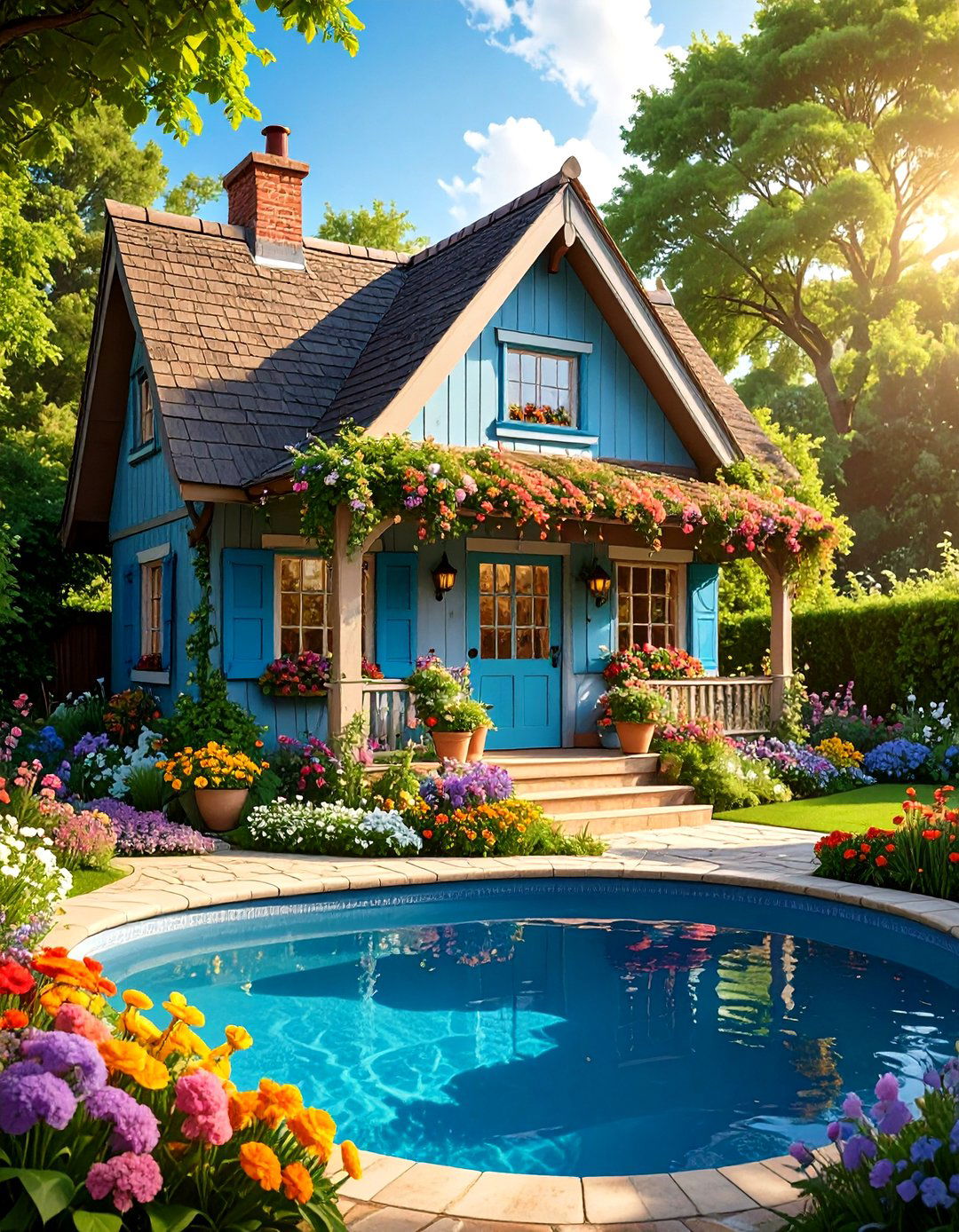 Cottage Style Pool House with Flower Box Details - 20 Pool House Ideas