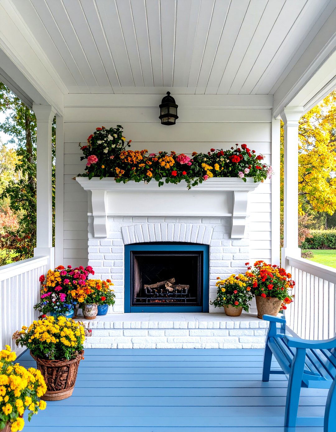 Cottage Style Porch Fireplace with Painted Brick and Vintage Charm - 20 Porch Fireplace Ideas