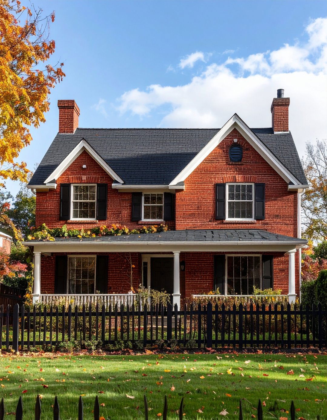 Cottage Style Red Brick House with Black Trim Accents - 20 Red Brick House with Black Trim Design Ideas