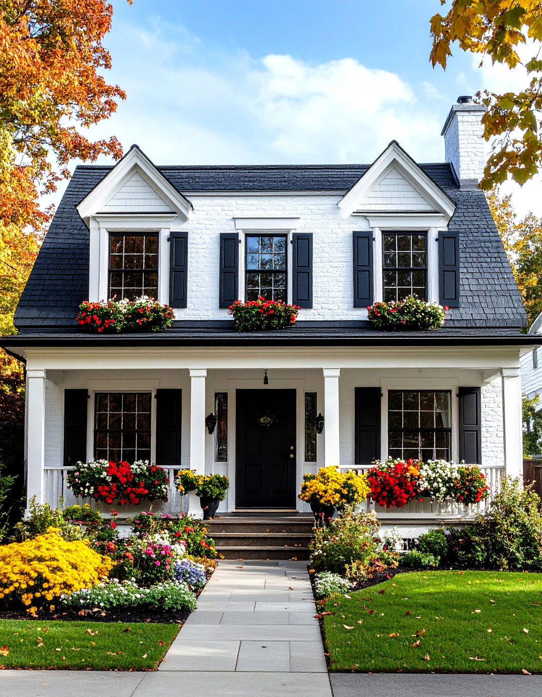 Cottage Style White Exterior Home with a Black Roof and Charming Details - 20 White Exterior Home with a Black Roof Ideas