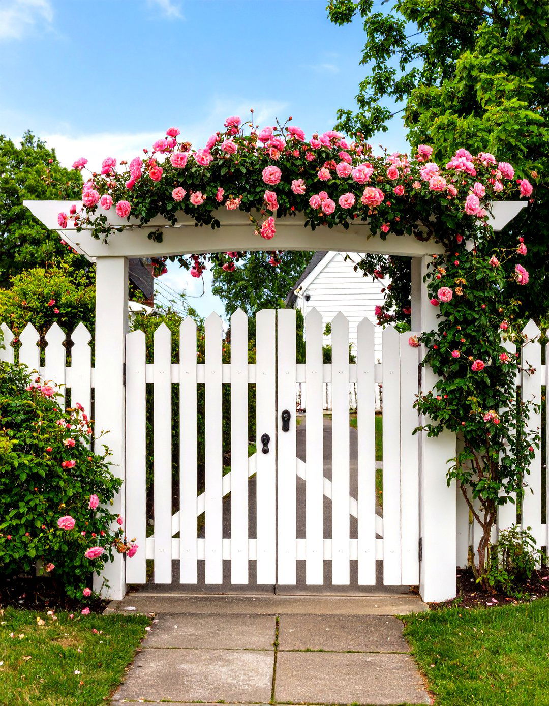 Cottage White Picket Fence Gate with Rose Covered Arbor - 20 Fence Gate Ideas