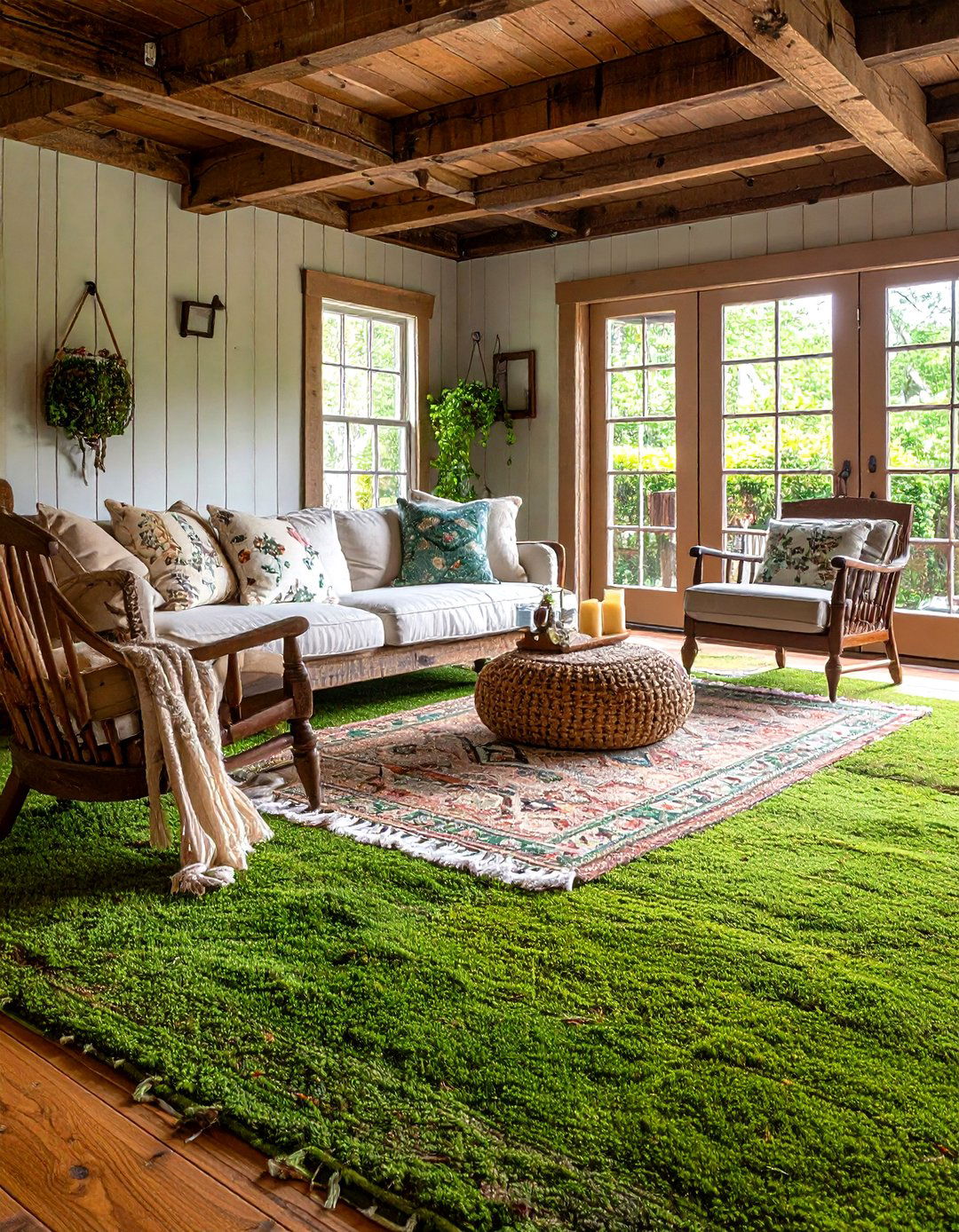 Cottagecore Charm with Moss Green Carpet - 20 Green Carpet Living Room Ideas