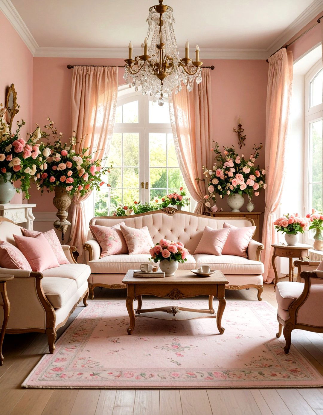Cottagecore Pink Living Room with Romantic Details - 20 Pink Living Room Ideas