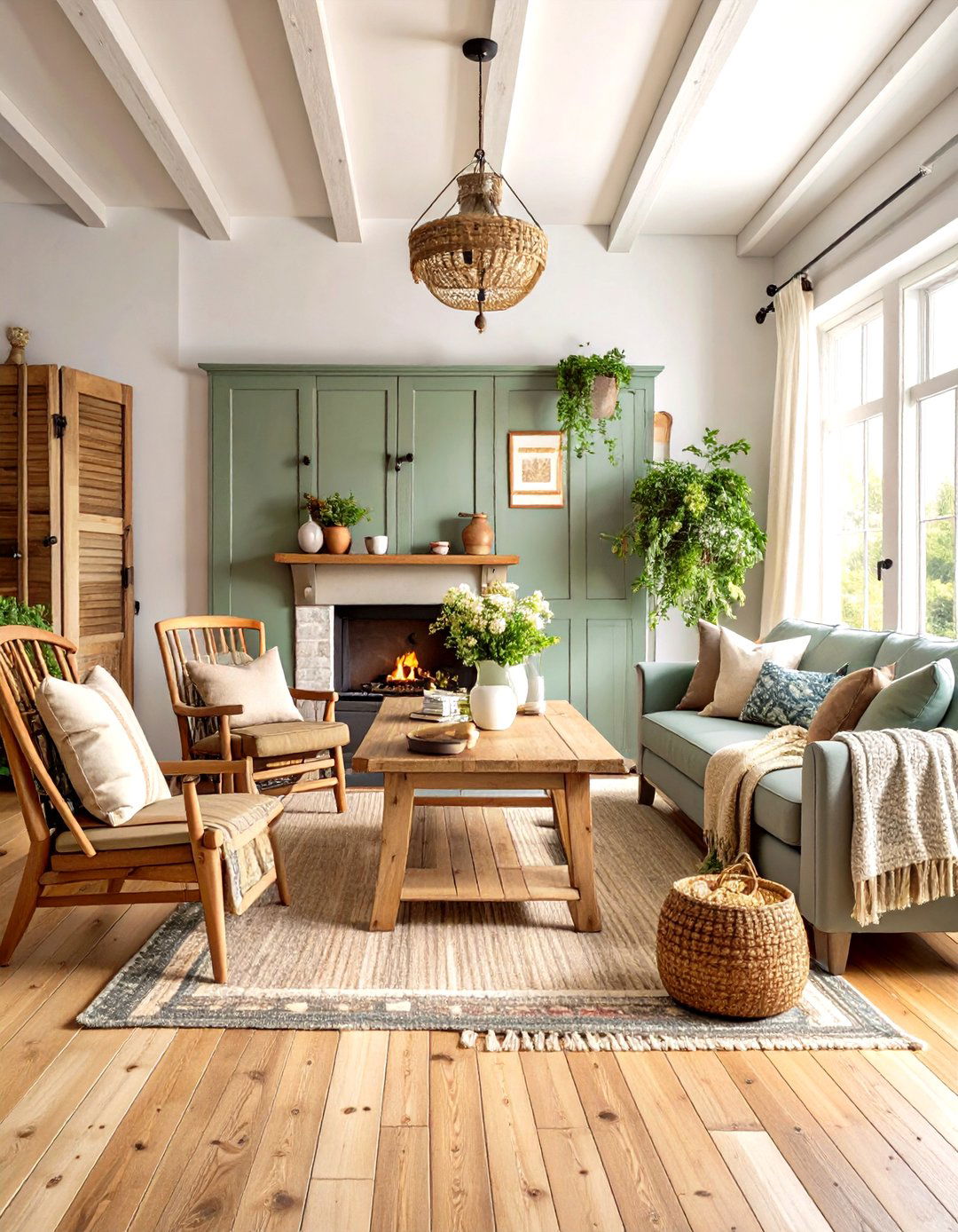 Country Primitive Living Room with Sage Green Palette - 20 Primitive Living Room Ideas