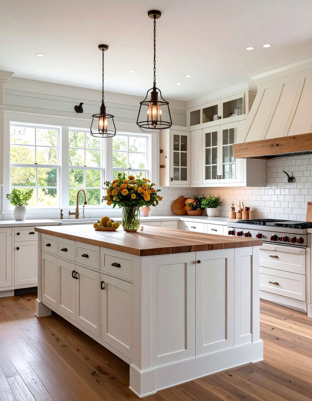 Country White Farmhouse Kitchen with Painted Brick Backsplash - 20 White Farmhouse Kitchen Ideas
