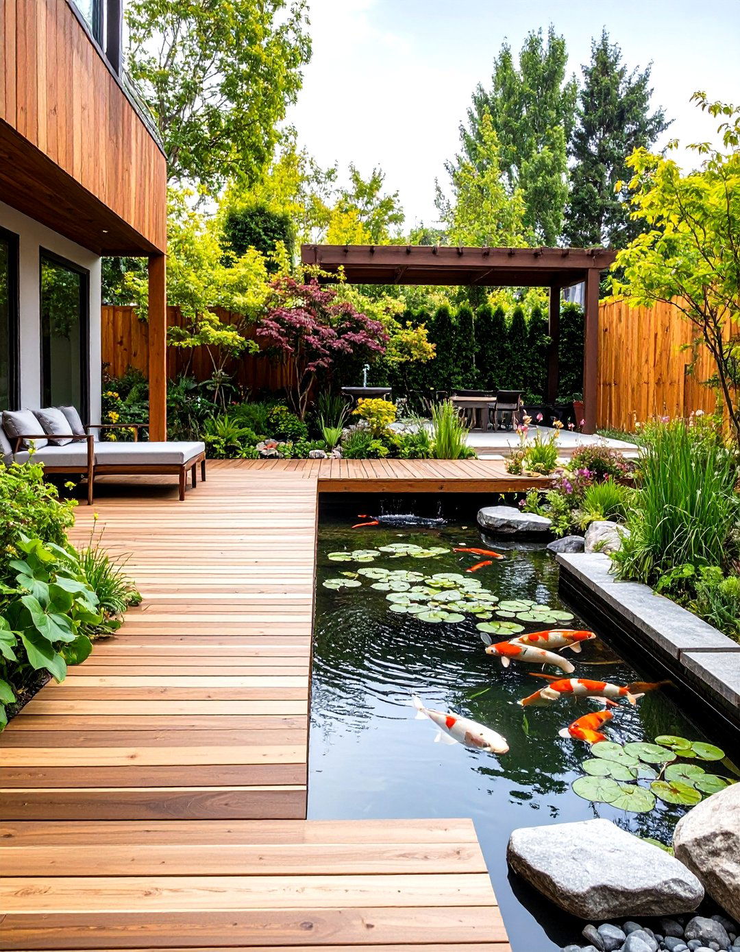 Courtyard Koi Pond with Wooden Walkways - 20 Koi Pond Ideas