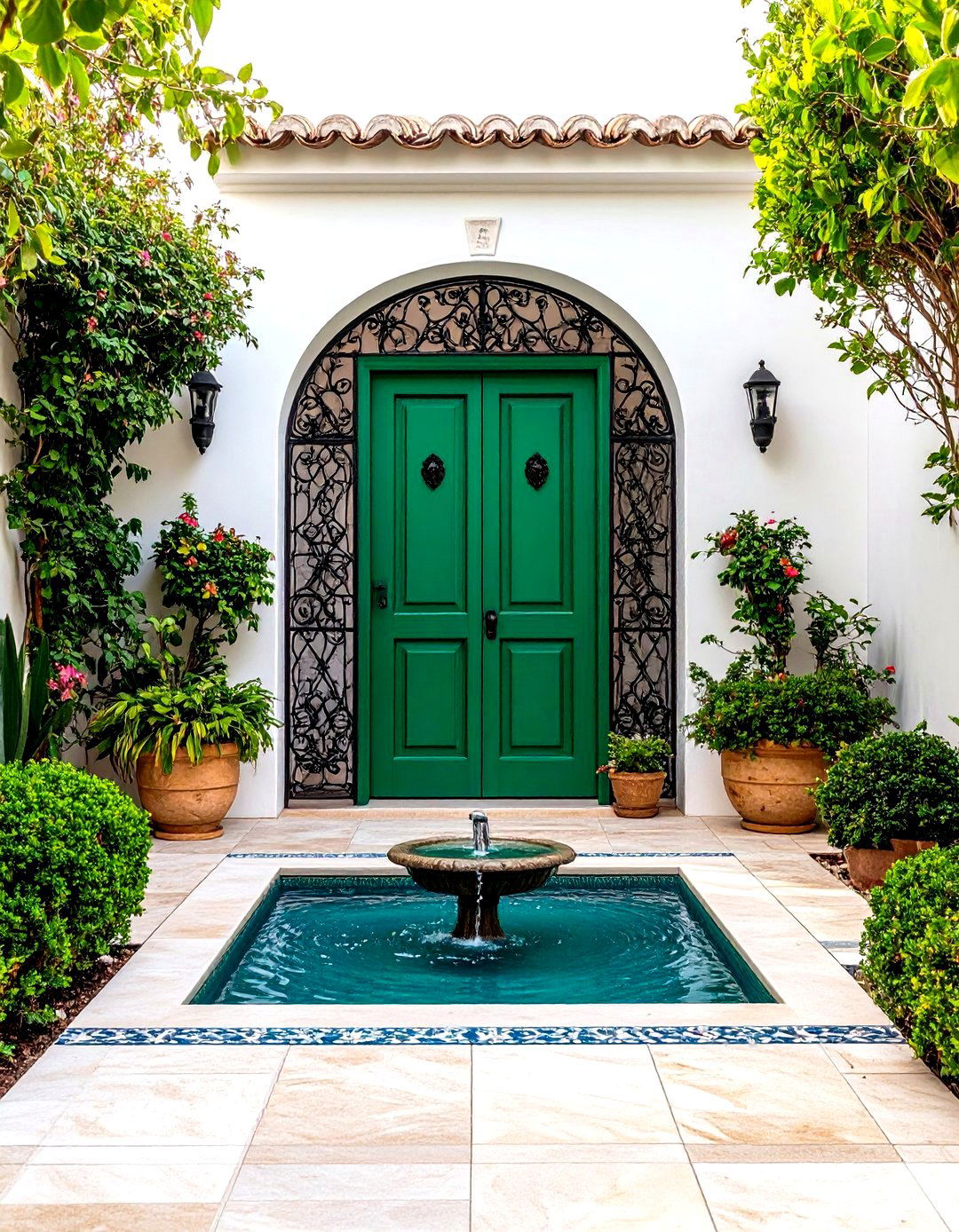 Courtyard Style Mediterranean Front Door with Water Feature - 20 Mediterranean Front Door Ideas