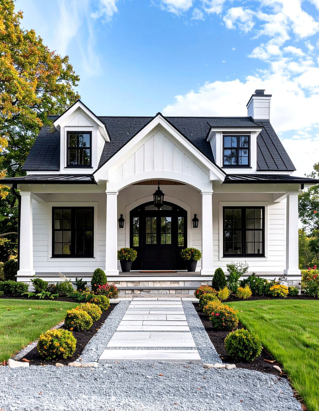 Covered Entry White Farmhouse With Black Windows Focus - 20 White Farmhouse With Black Windows Ideas