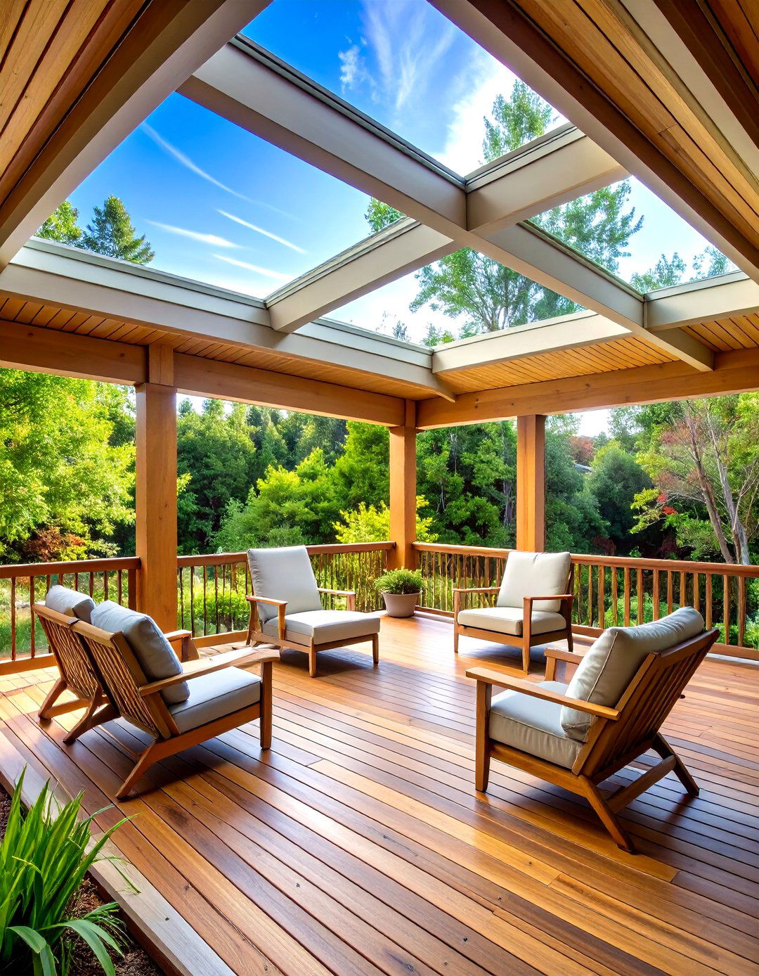 Covered Skylight Deck Opening onto Open Air Patio - 20 Deck and Patio Combination Ideas