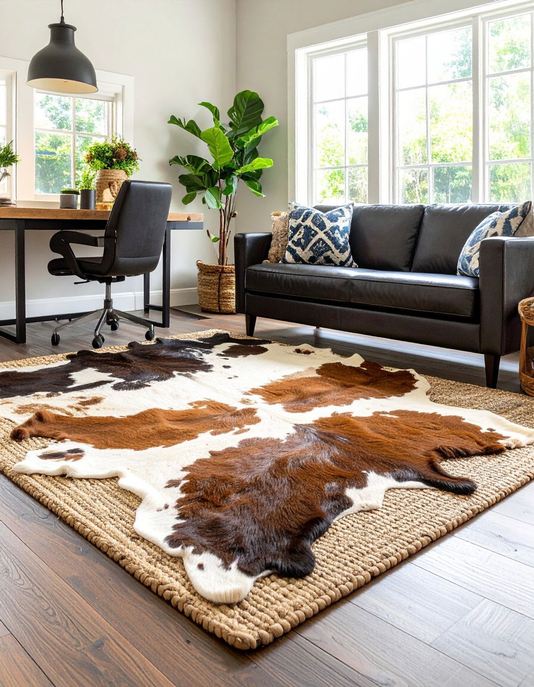 Cowhide or Jute Rug for Rustic Warmth - 20 Rustic Home Office Ideas