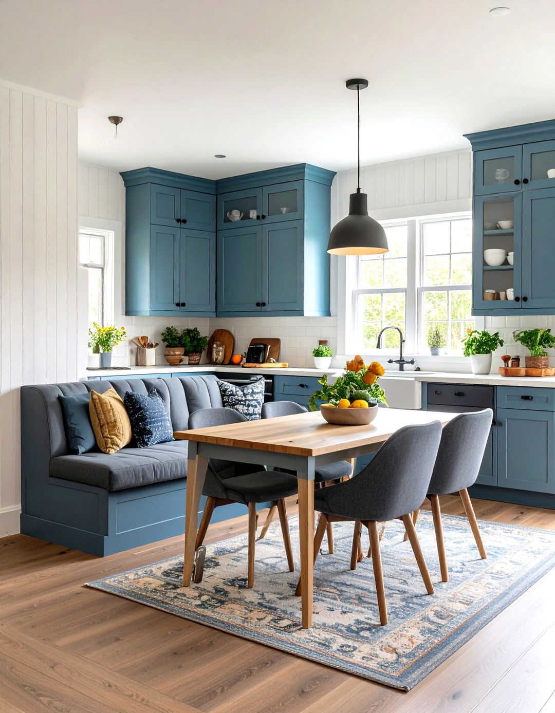 Cozy Breakfast Nook with Gray Banquette - 20 Grey and White Kitchen Ideas