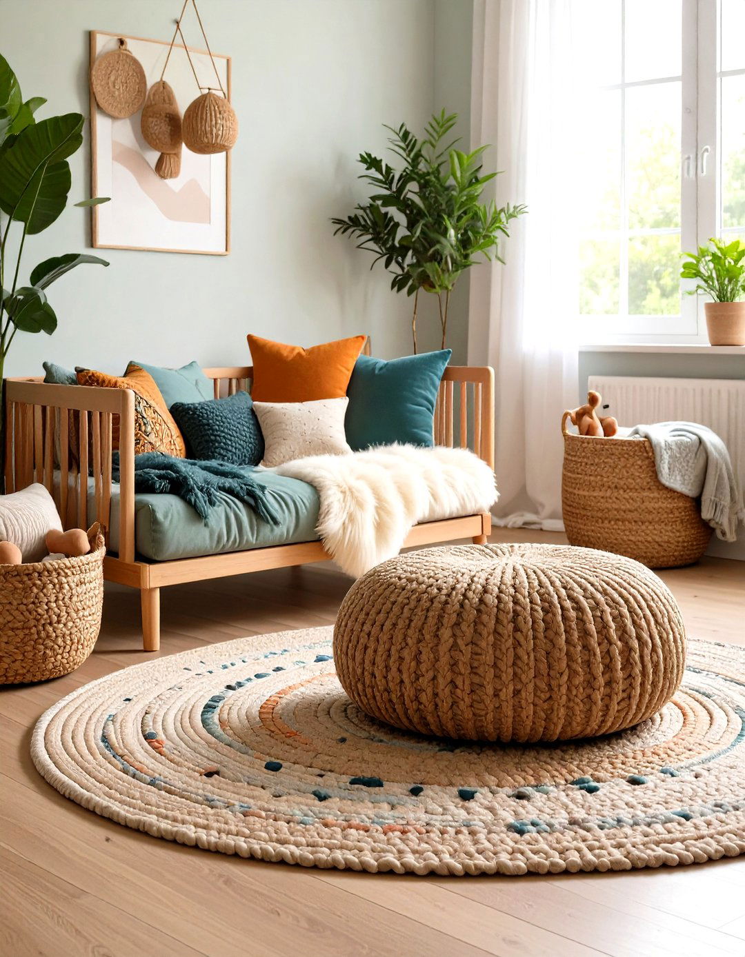 Cozy Floor Seating with Poufs and Pillows - 20 Boho Nursery Ideas