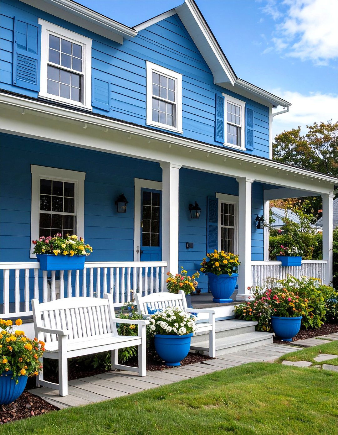 Cozy Neighborhood Vibes - 20 Blue House Siding With White Trim