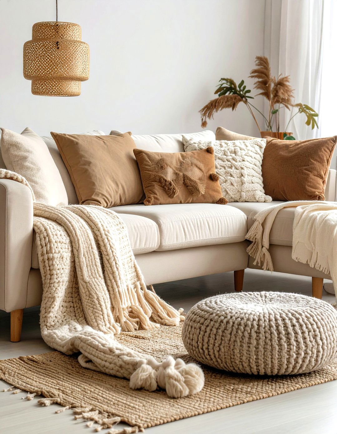 Cozy Textiles Throws and Knits on a Cream Couch - 20 Cream Couch Living Room Ideas