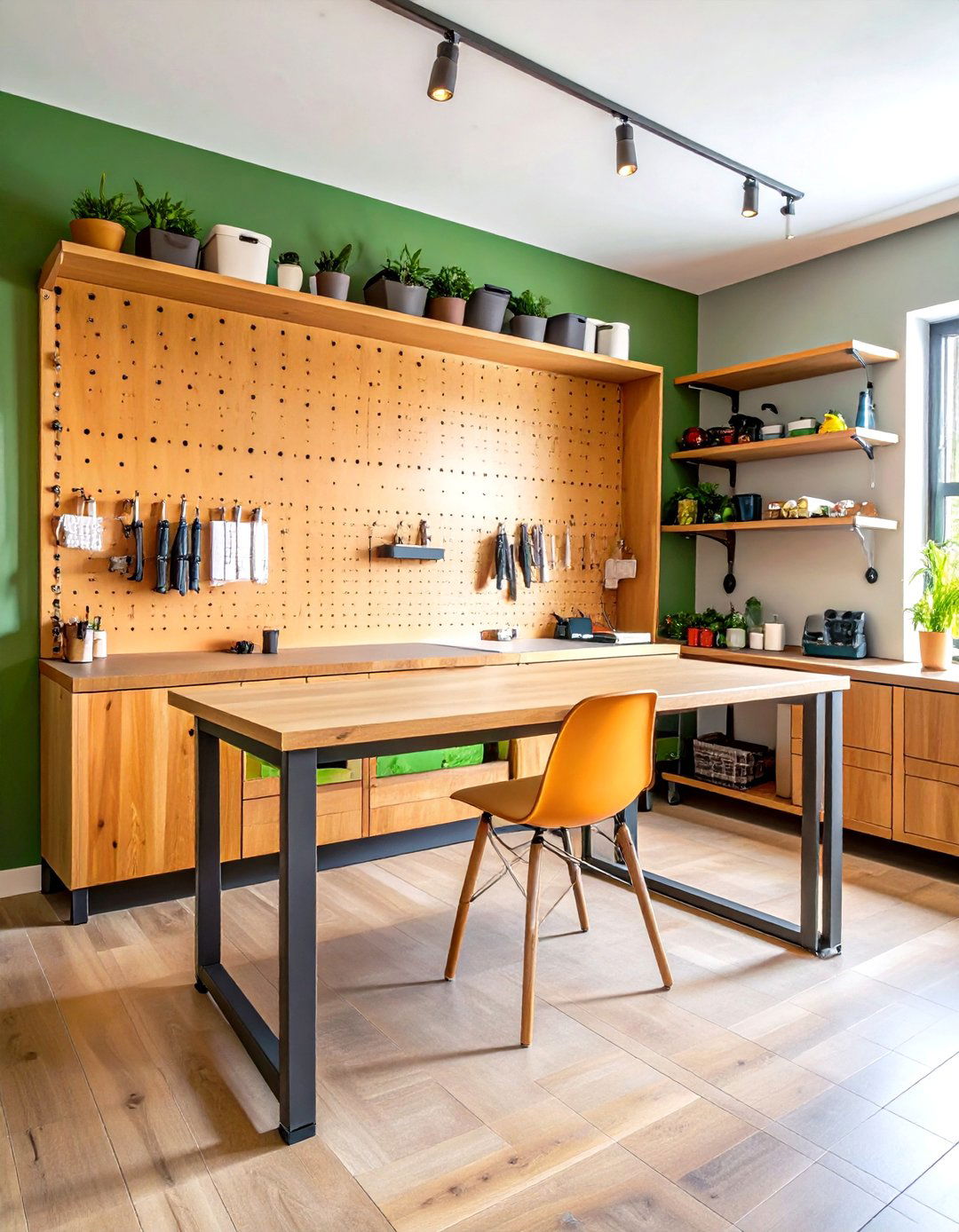 Craft Room Desk with Pegboard Wall - 20 Built-in Desk Ideas