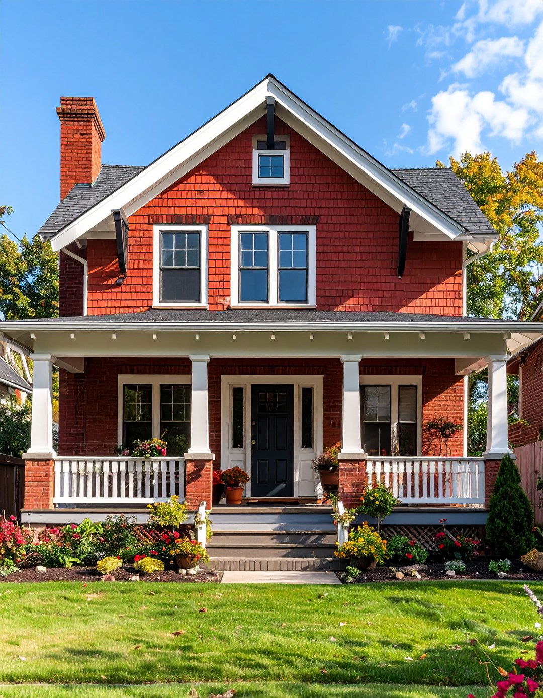 Craftsman Bungalow Red Brick House with Black Trim Details - 20 Red Brick House with Black Trim Design Ideas