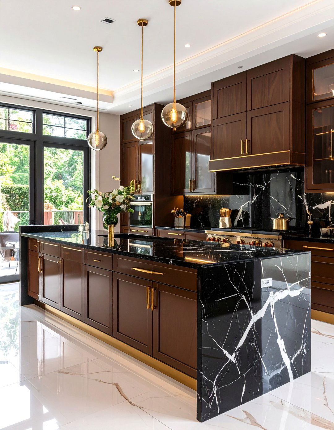 Craftsman Kitchen with Mission Style Brown Cabinets and Black Granite Countertops - 20 kitchen with brown cabinets and black countertops ideas