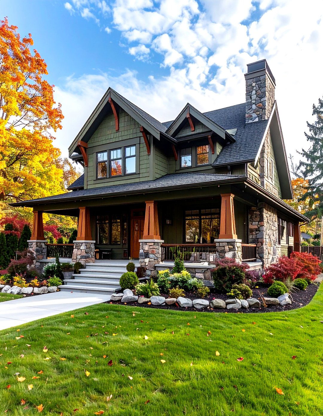 Craftsman Style Olive Green House Exterior with Stone Elements - 20 Olive Green House Exterior Ideas