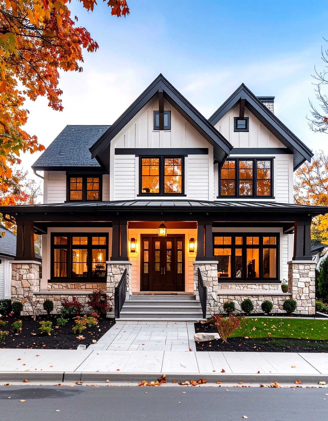 Craftsman Style White Exterior Home with a Black Roof and Natural Stone Accents - 20 White Exterior Home with a Black Roof Ideas