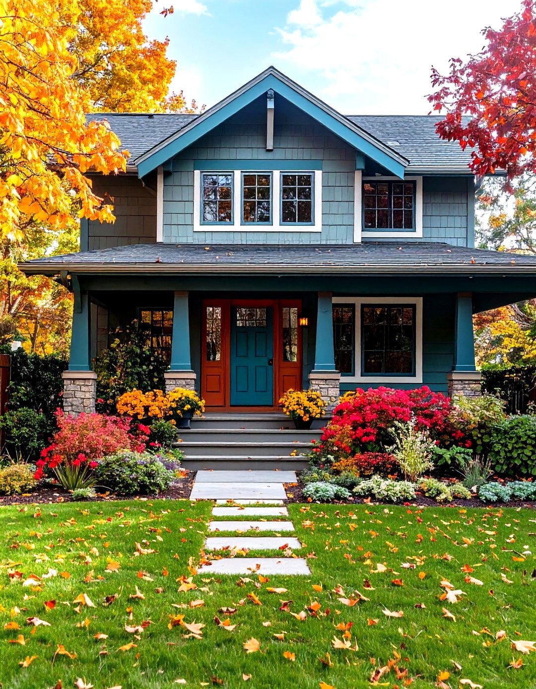 Craftsman Warm Accent Colors on Door and Window Sashes - 20 Craftsman Style House Exterior Ideas