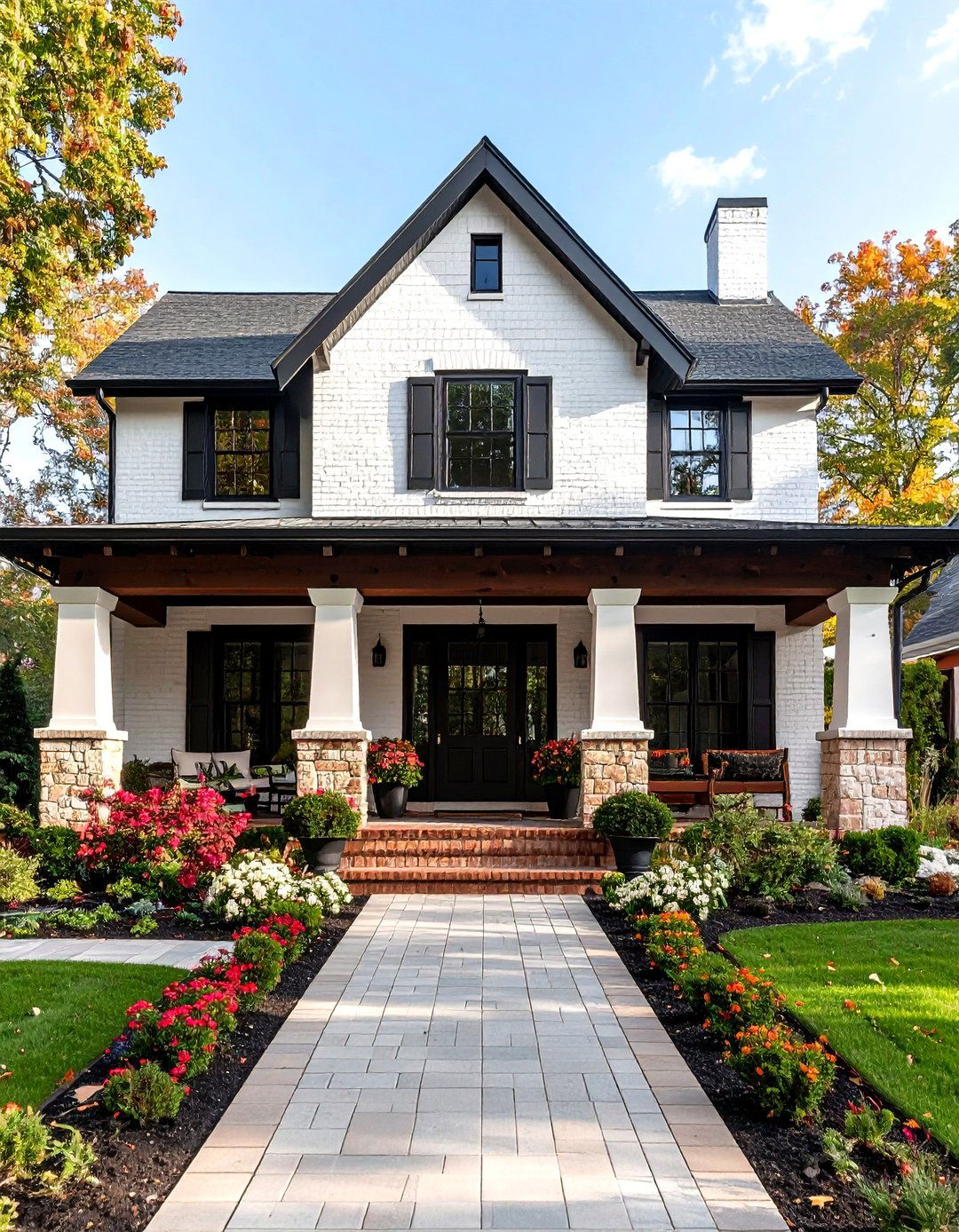 Craftsman White Brick House With Black Trim and Exposed Beams