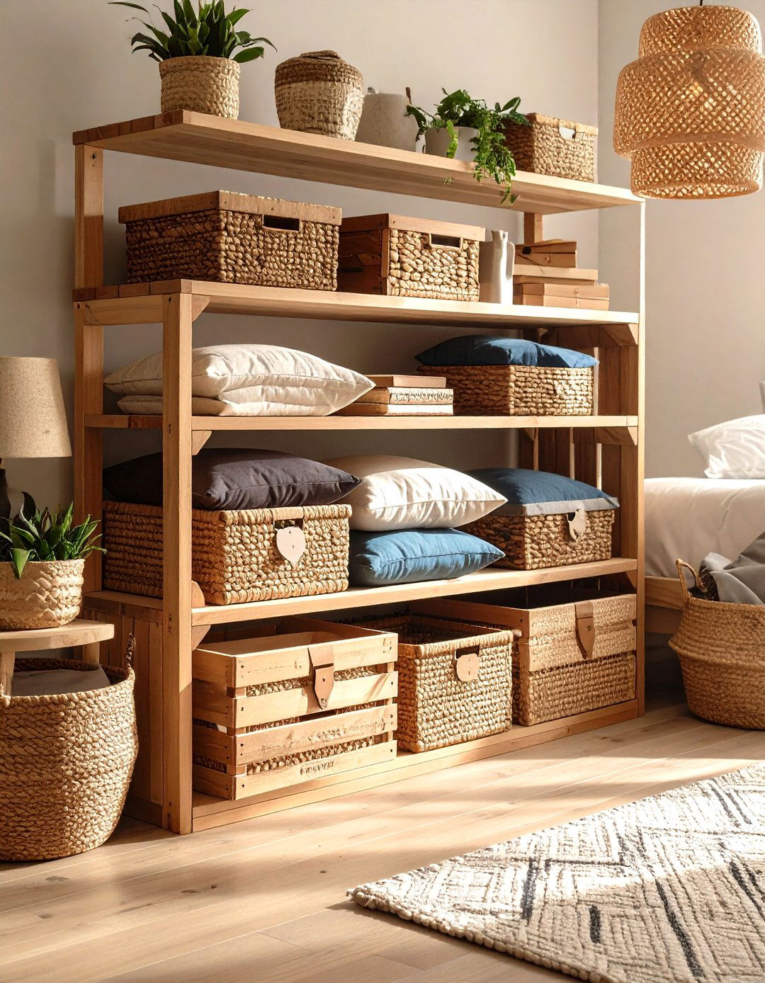 Crates and Baskets Keep a Boho Dorm Room Tidy - 20 Boho Dorm Room Ideas
