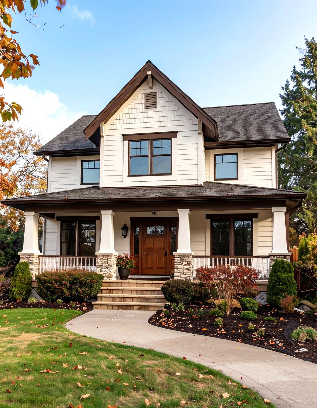 Cream House Exterior with Brown Roof and White Trim - 20 Cream and Brown House Exterior Ideas