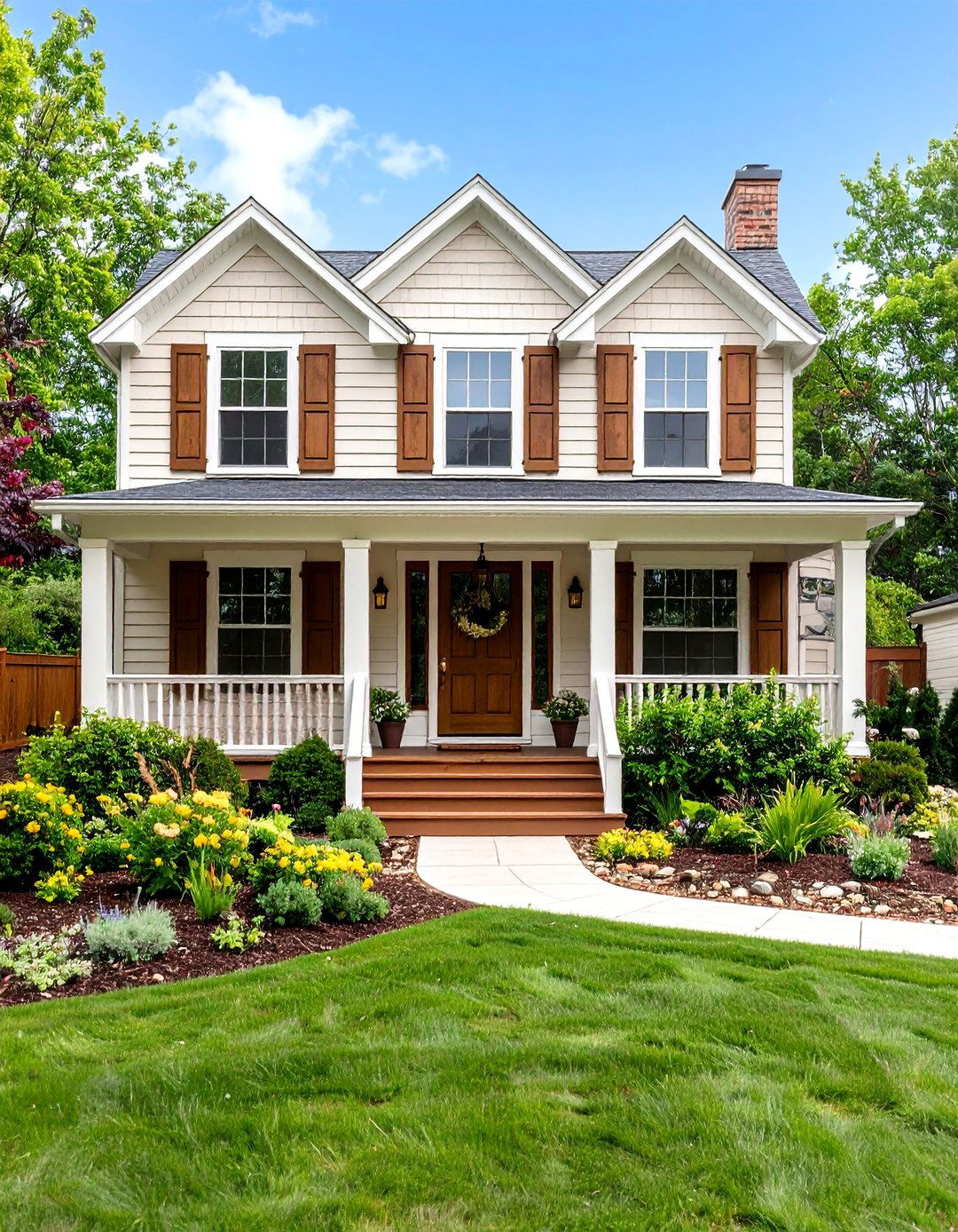 Cream Lap Siding with Nutmeg Shutters House Exterior - 20 Cream and Brown House Exterior Ideas