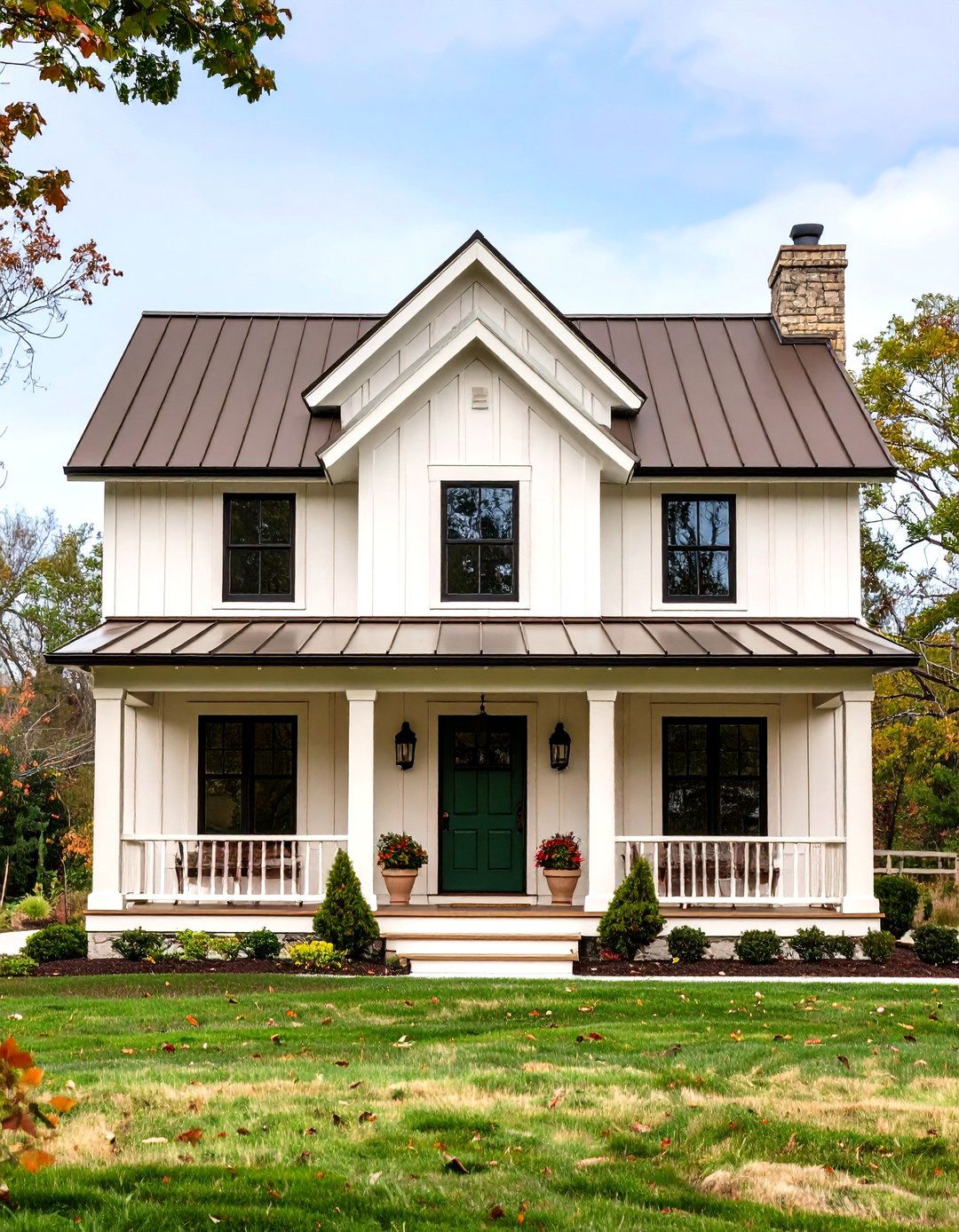 Cream Modern Farmhouse Exterior with Brown Metal Roof - 20 Modern Farmhouse Exterior