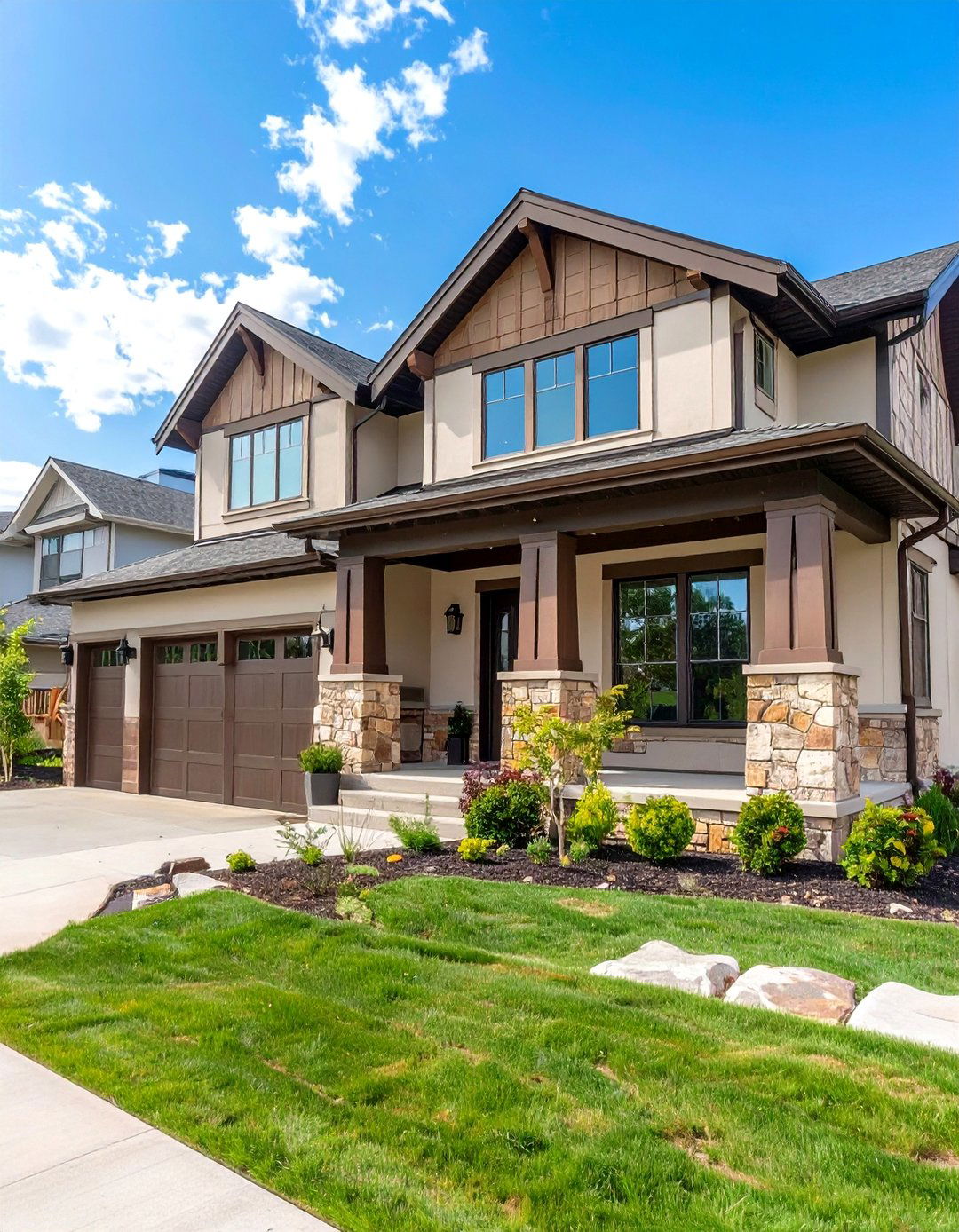 Cream Render with Brown Stone Wainscot House Exterior - 20 Cream and Brown House Exterior Ideas