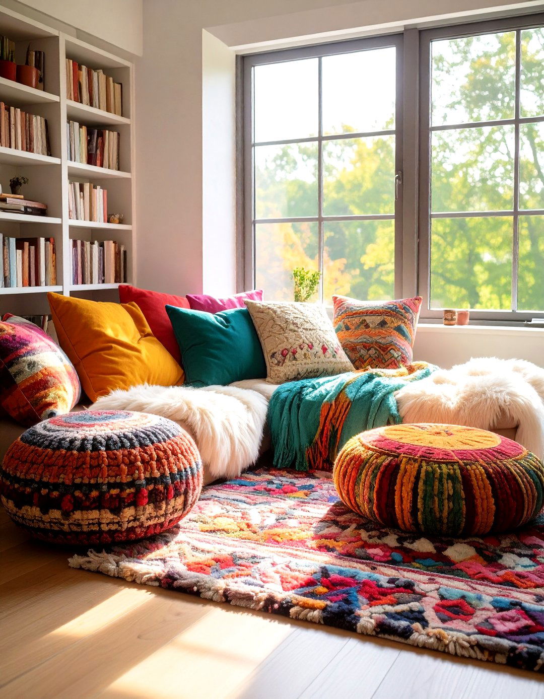 Create a Kilim Padded Reading Nook - 20 Boho Farmhouse Decor Ideas