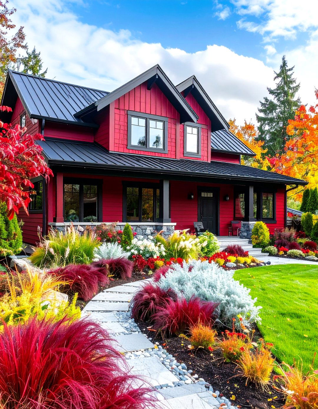 Crimson and Charcoal House Exterior with Metal Roof - 20 Dark Red House Exterior Ideas