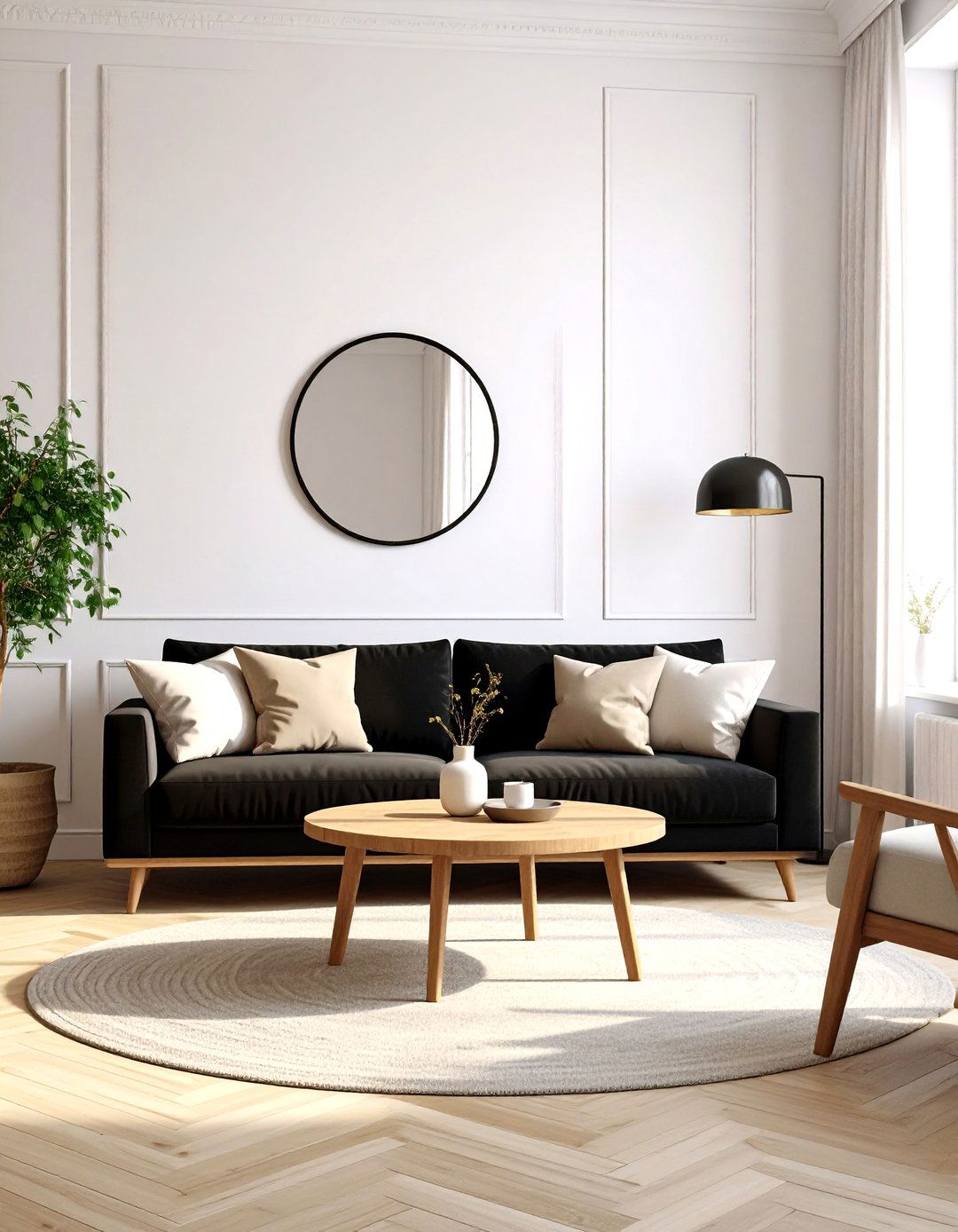 Crisp White Contrast for a Black Couch - 20 Black Couch Living Room Ideas