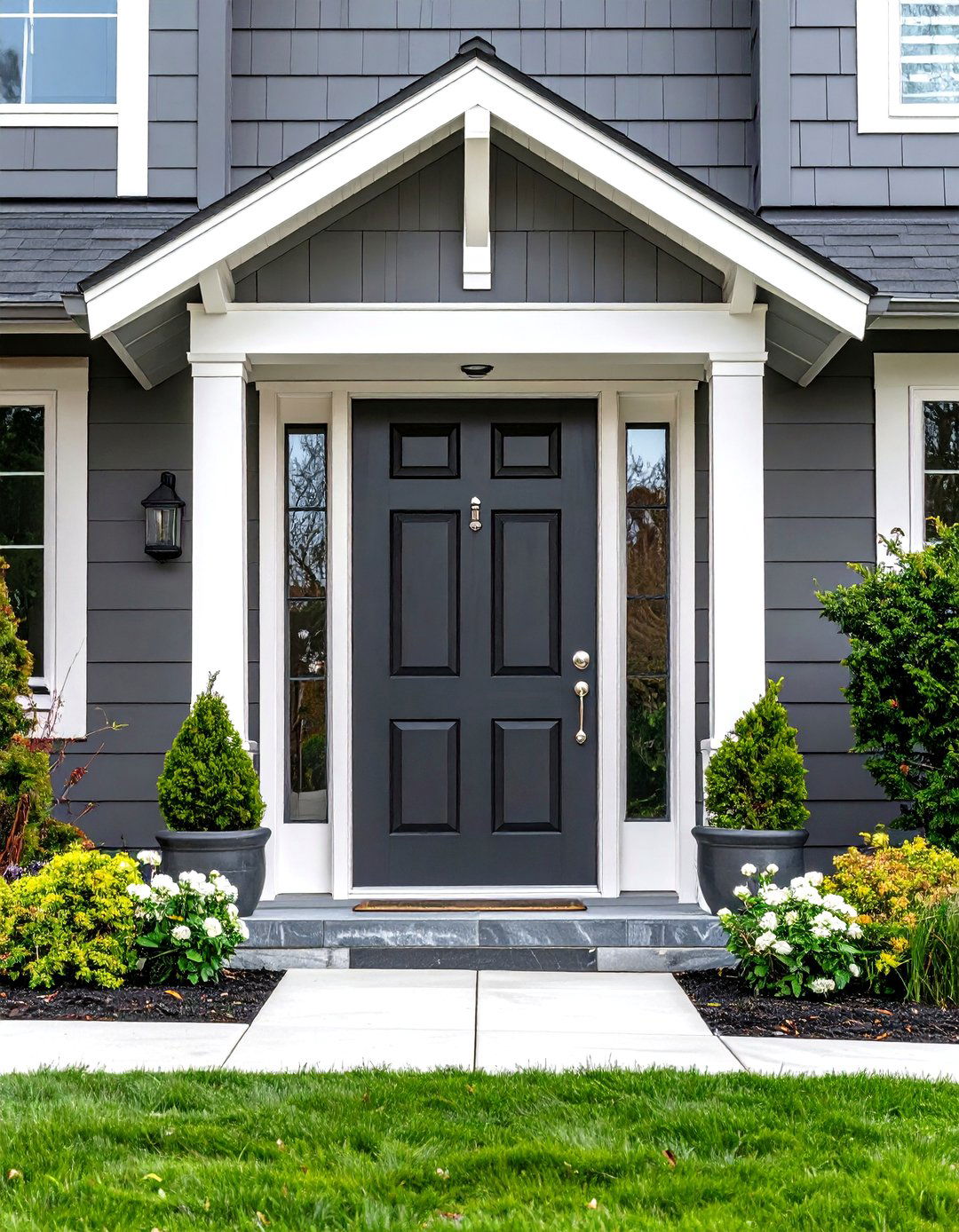 Crisp White Trim Contrast - 20 Dark Gray Front Door Ideas
