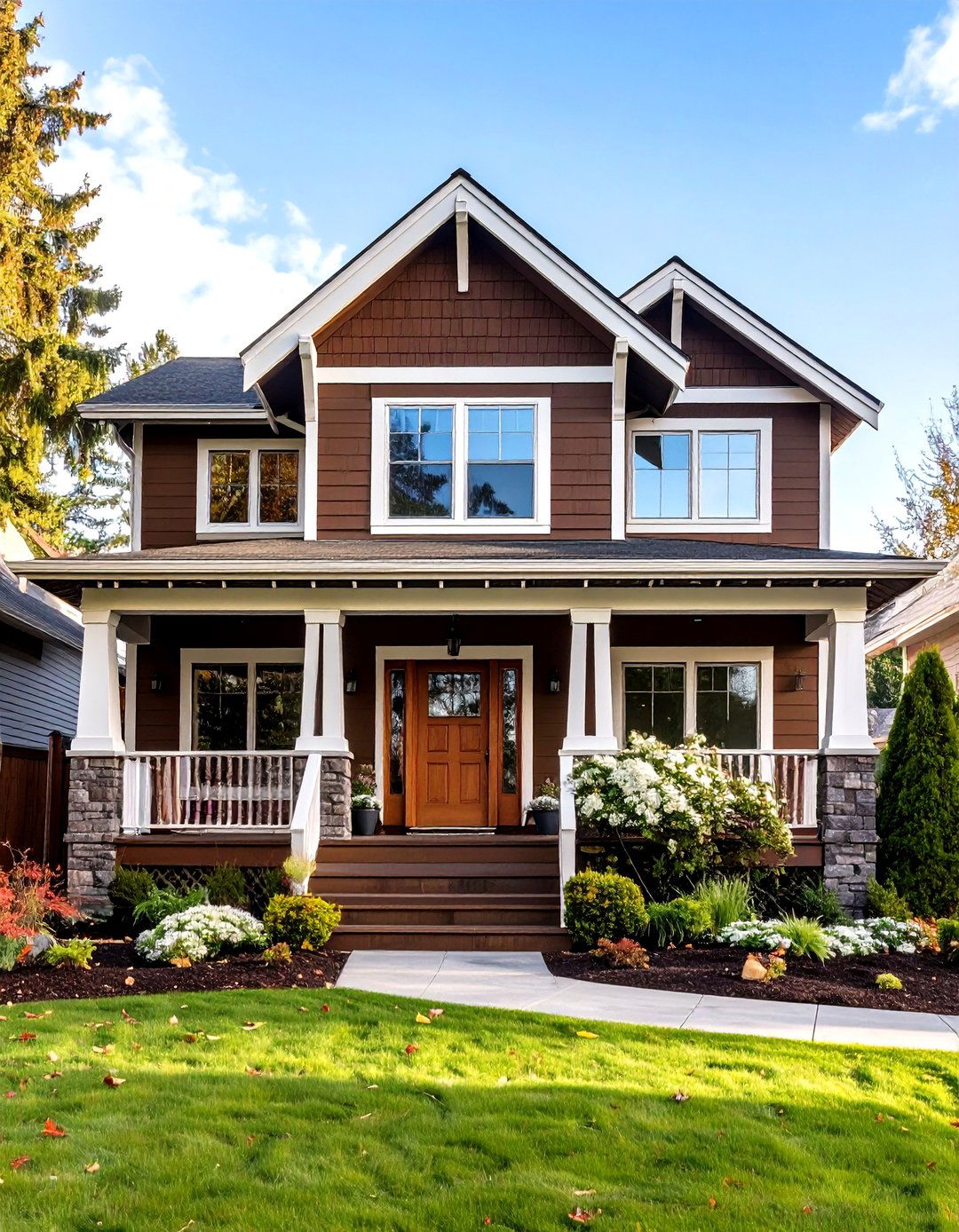 Crisp White Trim Elevates a Dark Brown House Exterior - 20 Dark Brown House Exterior Ideas