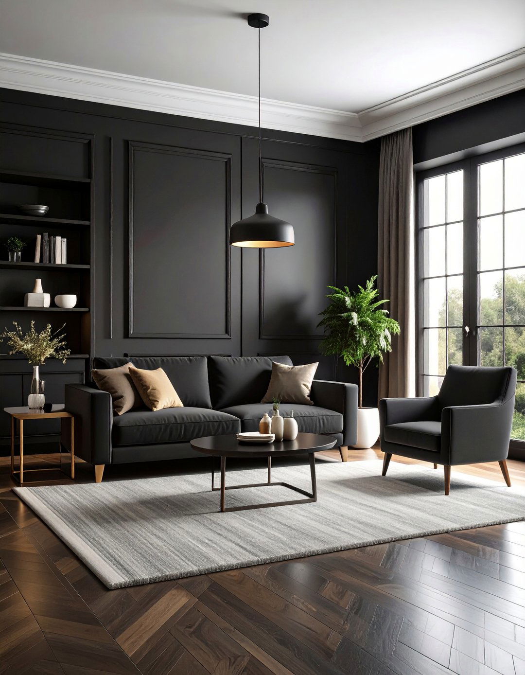 Crisp White Trim Frames a Black Room - 20 Black Room Ideas
