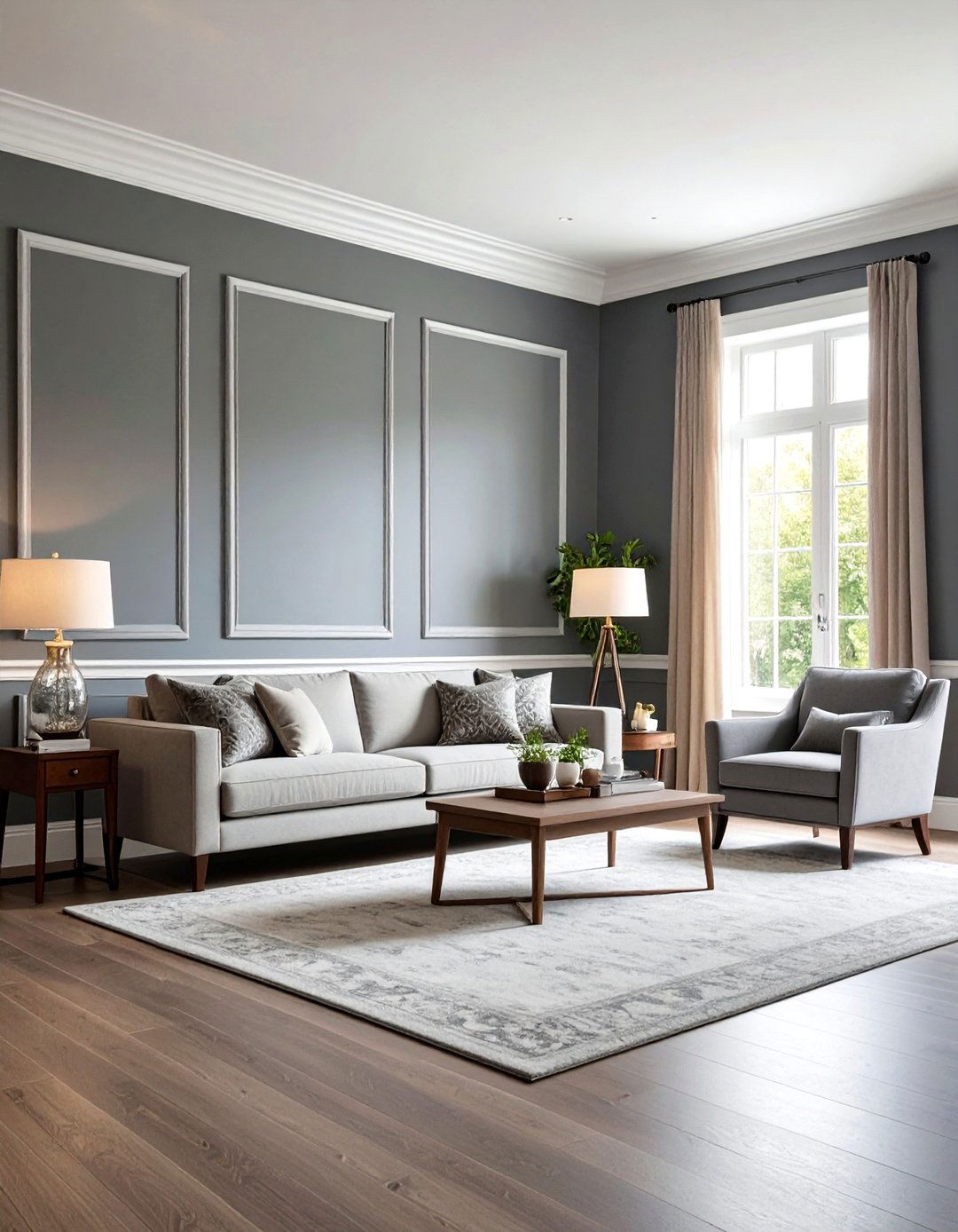 Crisp White Trim Frames a Gray Living Room - 20 Gray Living Room Ideas