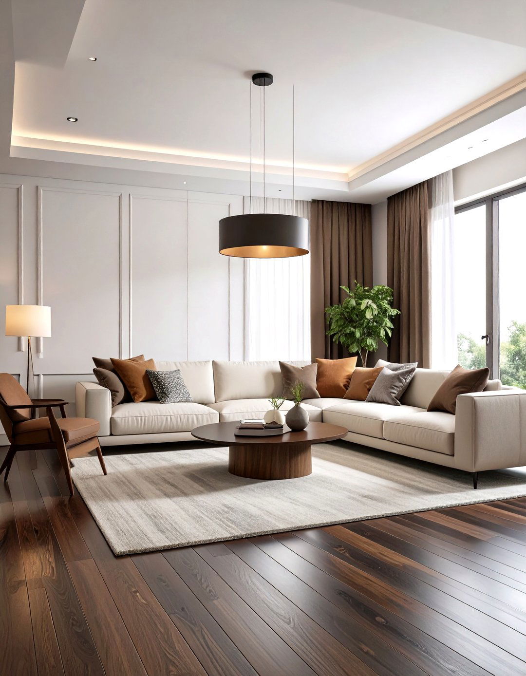Crisp White Walls Energize Dark Brown Floors - 20 Dark Brown Floor Living Room Ideas