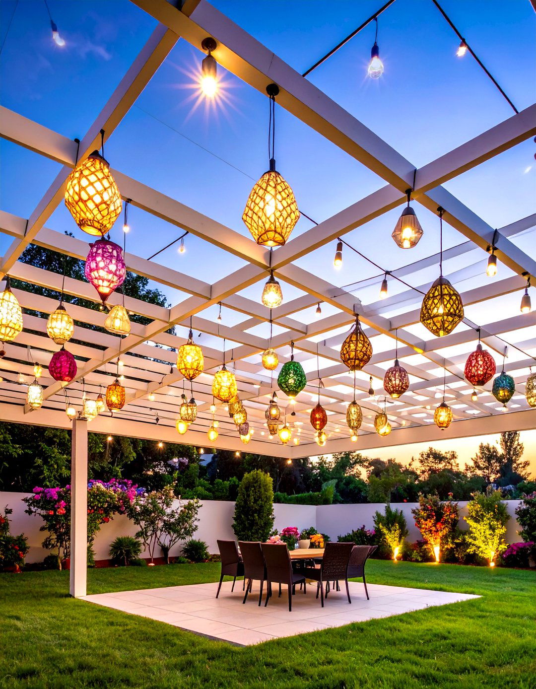 Crosshatch Pattern Patio String Light Geometric Ceiling - 20 Patio String Light Ideas