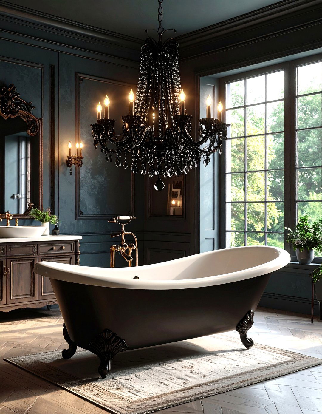 Crown the Ceiling with a Black Crystal Chandelier - 20 Gothic Bathroom Ideas