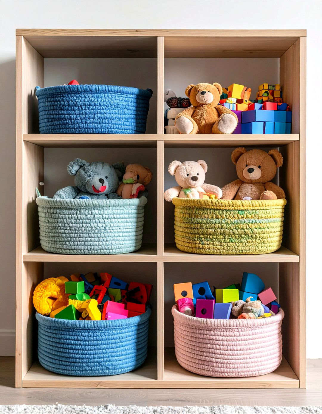 Cube Shelving with Fabric Baskets for Playroom Storage - 20 Playroom Storage Ideas