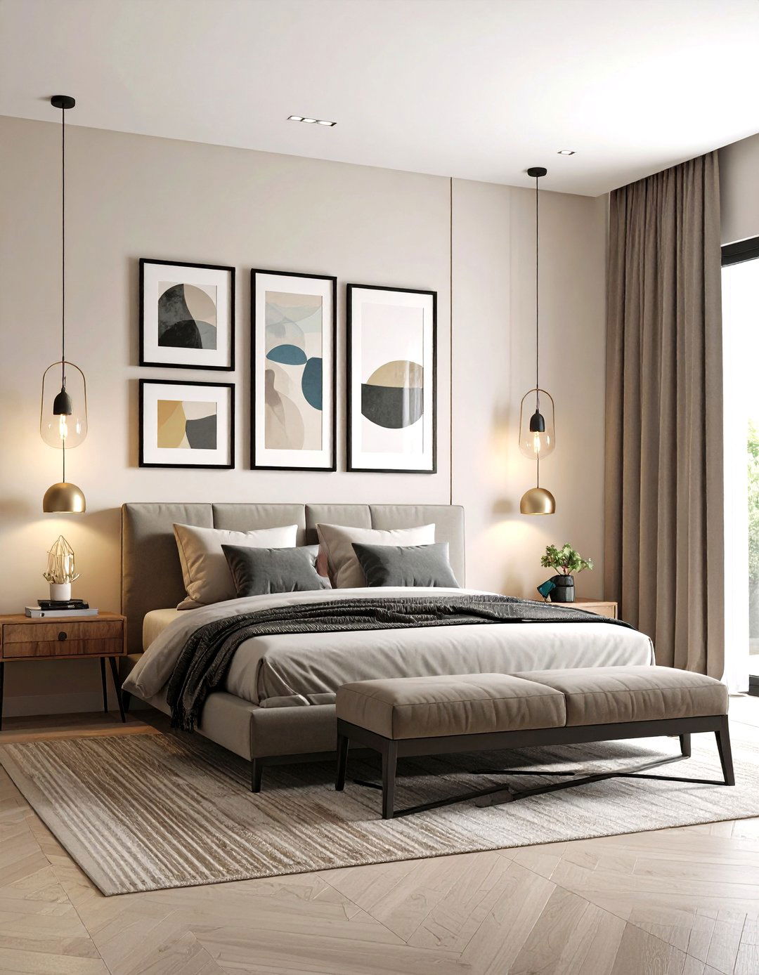 Curate a Black Framed Gallery over Cream Walls - 20 Cream and Black Bedroom Ideas