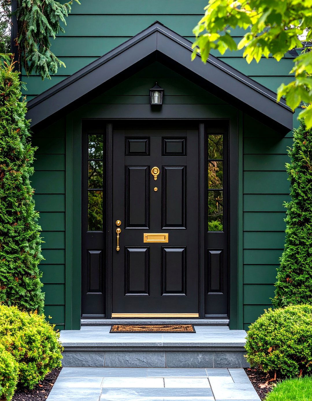 Curated Front Door Contrasts - 20 Forest Green House With Black Trim