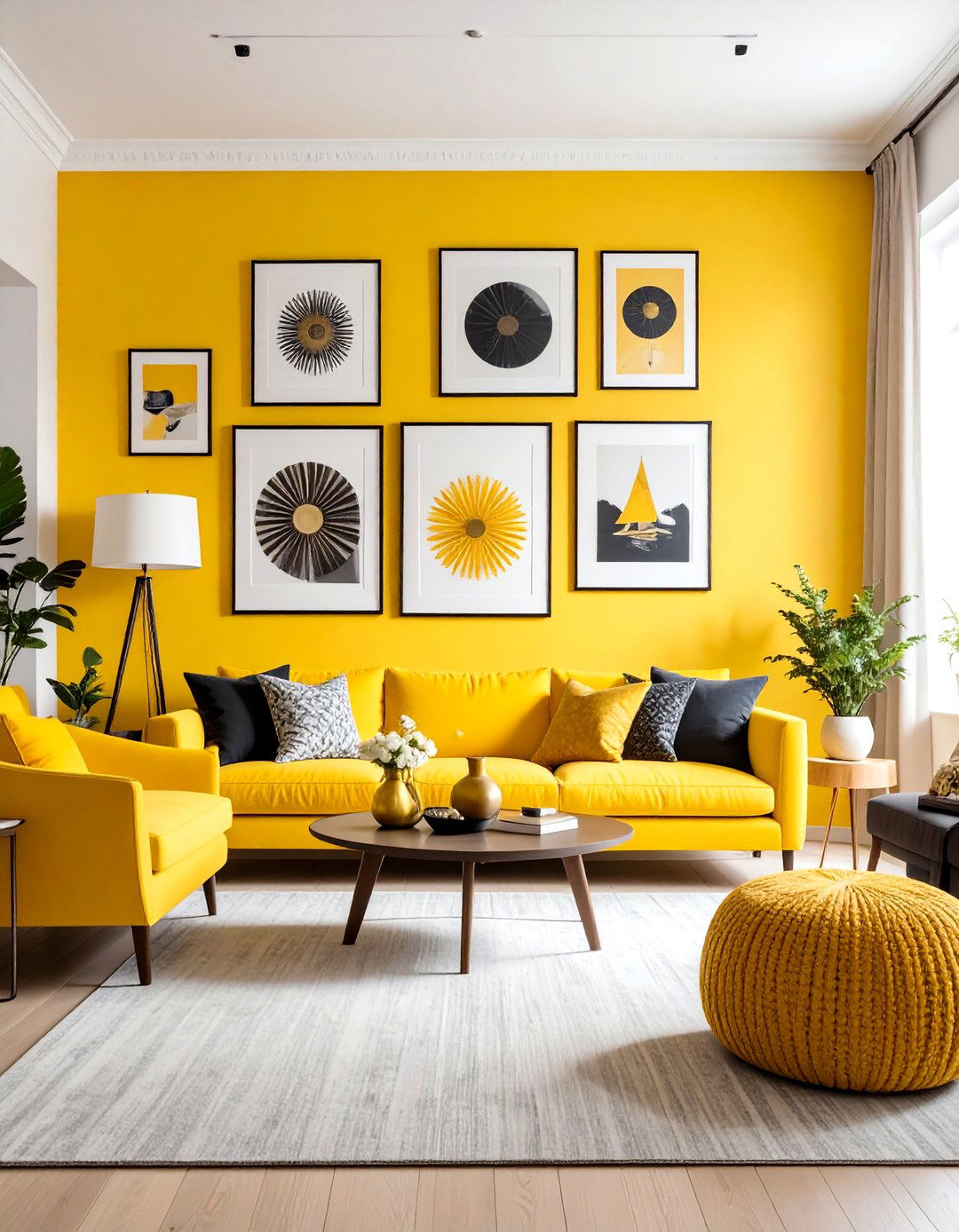Curated Gallery Wall Unifies a Grey and Yellow Living Room - 20 Grey and Yellow Living Room Ideas