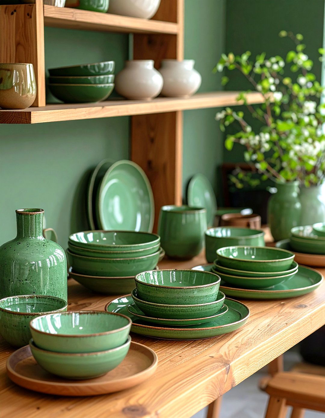 Curated Green Ceramics Display - 20 Green Dining Room Ideas