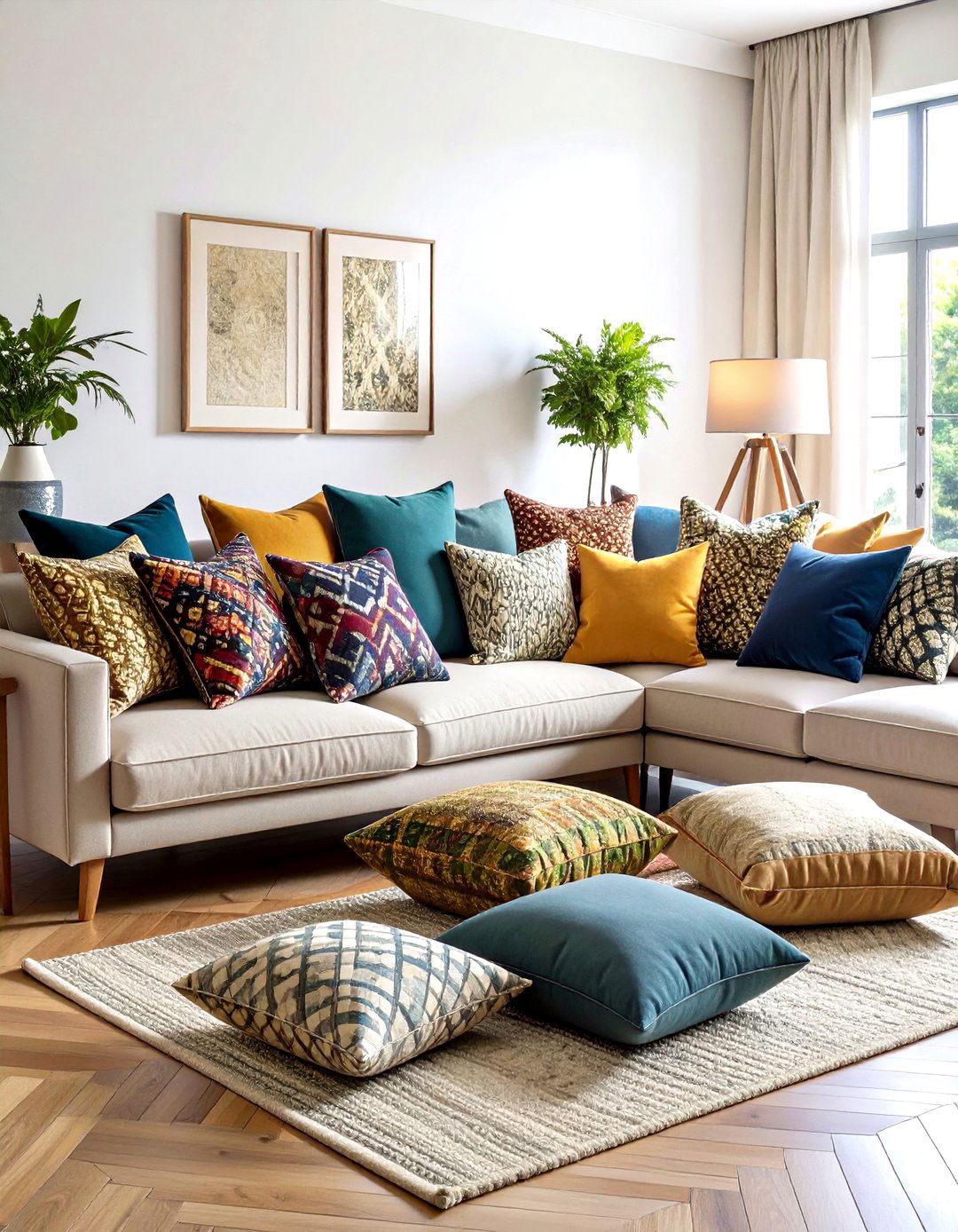 Curated Pillow Mix with a Hint of Sparkle - 20 Glam Living Room Ideas